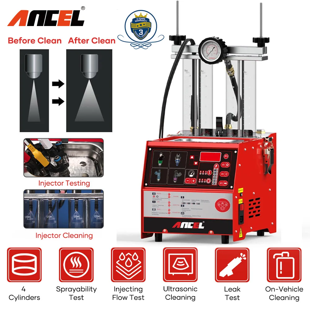 ANCEL AJ400 4 Cylinder Fuel Injector Cleaner and Tester Ultrasonic Wave Automotive Fuel Injection Systems Cleaning Tools