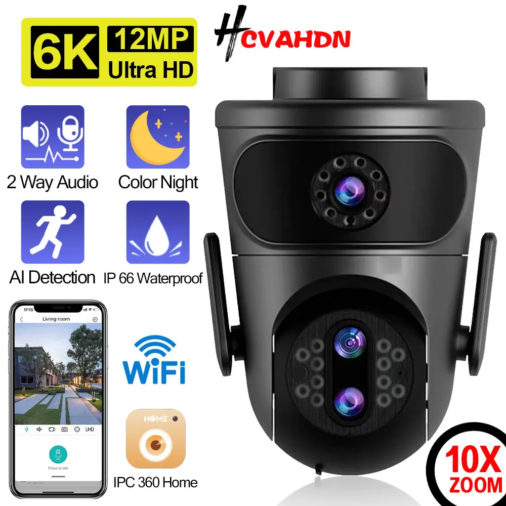 12MP 6K Outdoor WIFI PTZ Camera 10X Zoom Three Lens Dual Screens PTZ Cameras Auto Tracking Home Security CCTV Surveillance Cam