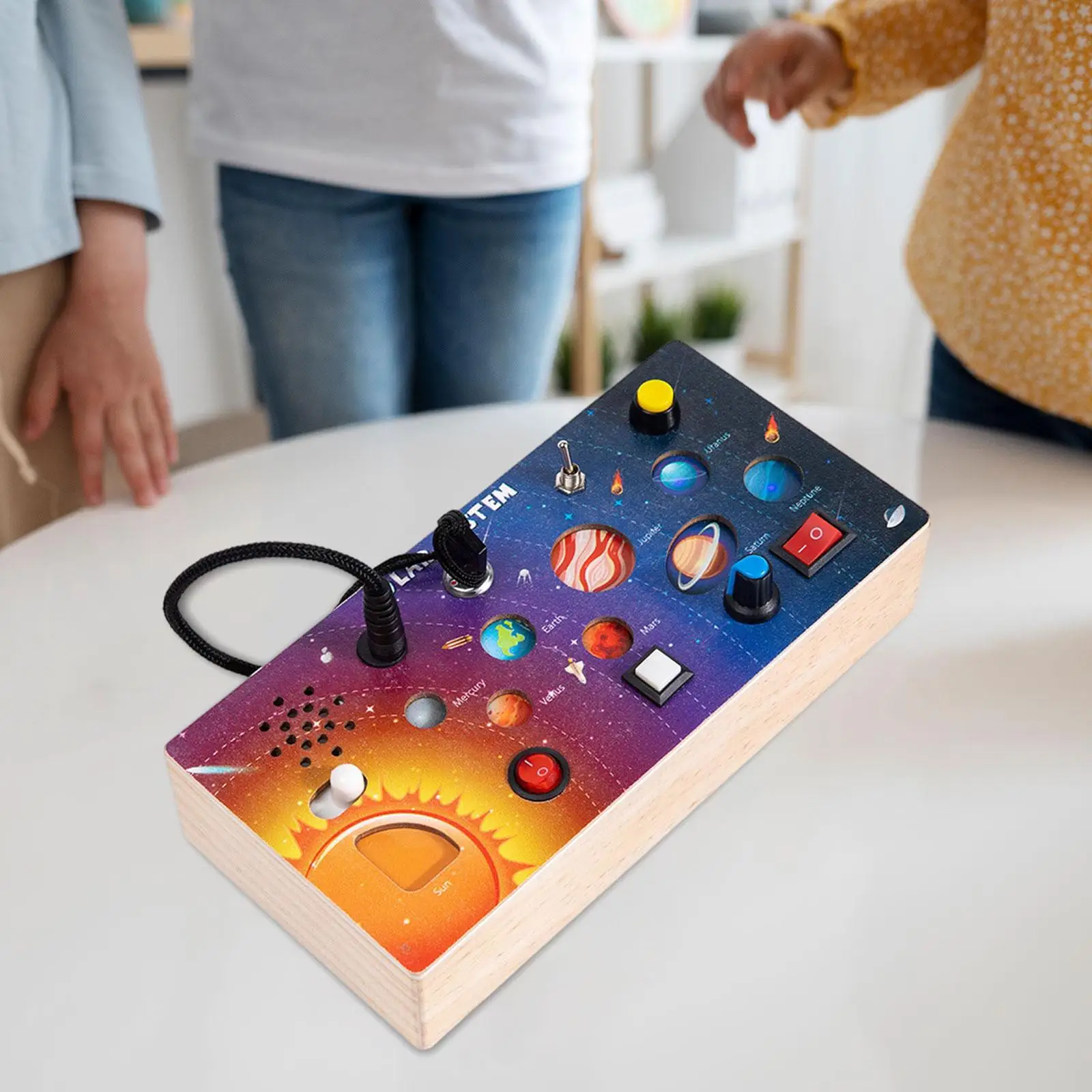 

Wooden Busy Board with LED Light Fine Motor Skills Solar System Cognition Switch Board for Activities Boys Girls Birthday Gift