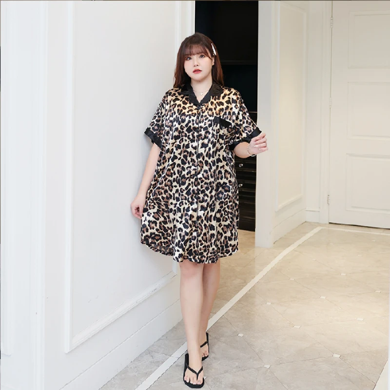 5XL Big Size Leopard Silk Nightgowns for Women Mini Singer Button Night Gowns Lingerie Dress Stain Nightwear Sleep Shirt Ladies