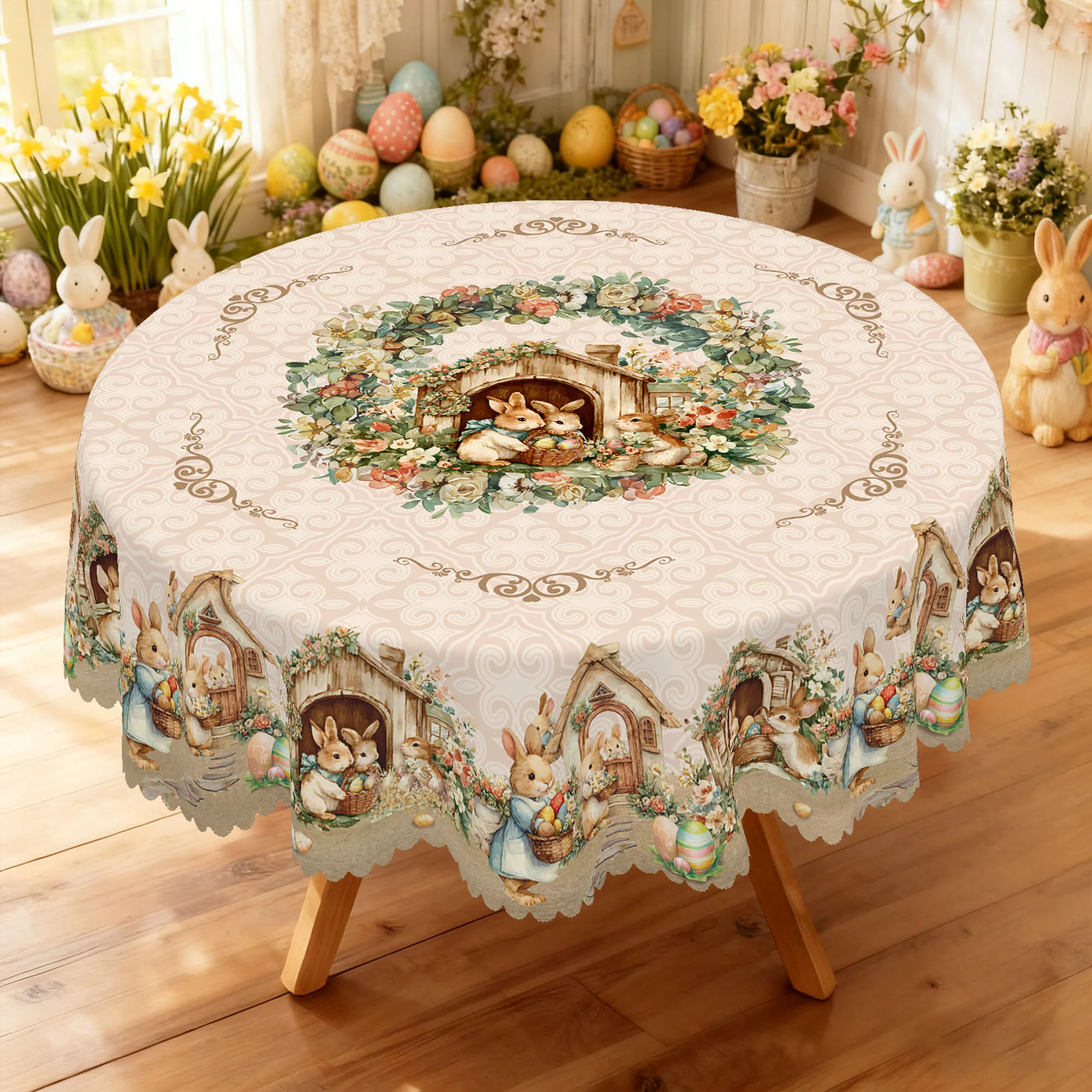 1 Piece of Easter Round and Rectangular Tablecloth, Available in 5 Sizes, with a Spring Floral Arrangement Woven in the Center, Paired with a Warm Bunny House and Cute Bunny Holding an Egg Print Round Tablecloth, with Embossed Edges, Easter Home Decoration, Suitable for Family Dining Tables, Patio Parties, Etc., Easter Season Decoration, Spring Party Decoration Gift