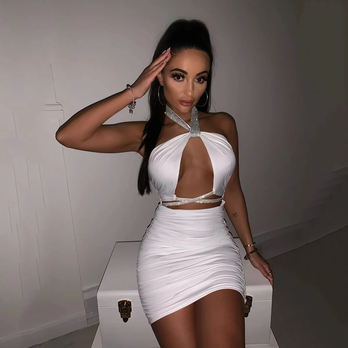 

Women's Solid Color Short Skirt Sexy Slim Diamond Strap Neck Club Dress Vestido Plus Size 9XL 8XL 7XL 6XL XXXXXL