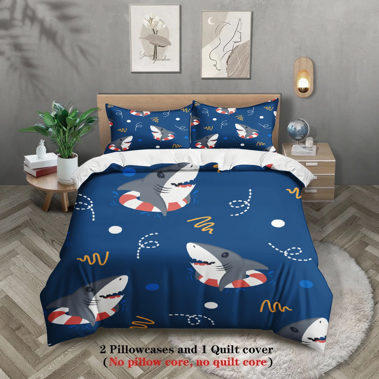 3pcs Cartoon Shark And Octopus Bedding Set 3D Printed Ocean Animal Duvet Cover Sets With Pillowcases No Filling