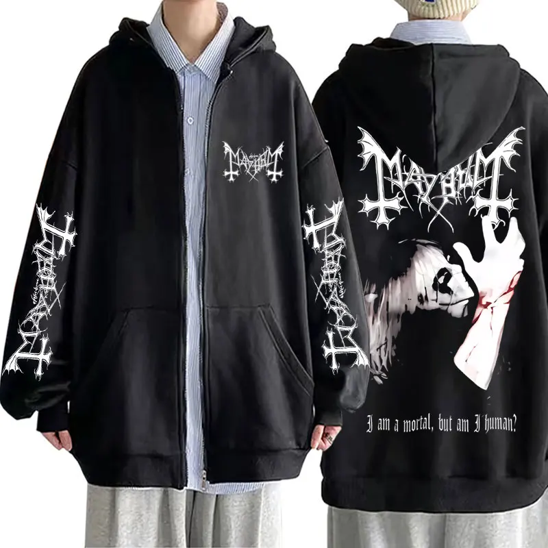 

Death Black Metal Mayhem Print Zipper Hoodie Men Women Vintage Casual Zip Up Jacket Male Gothic Rock Oversized Zip Up Sweatshirt