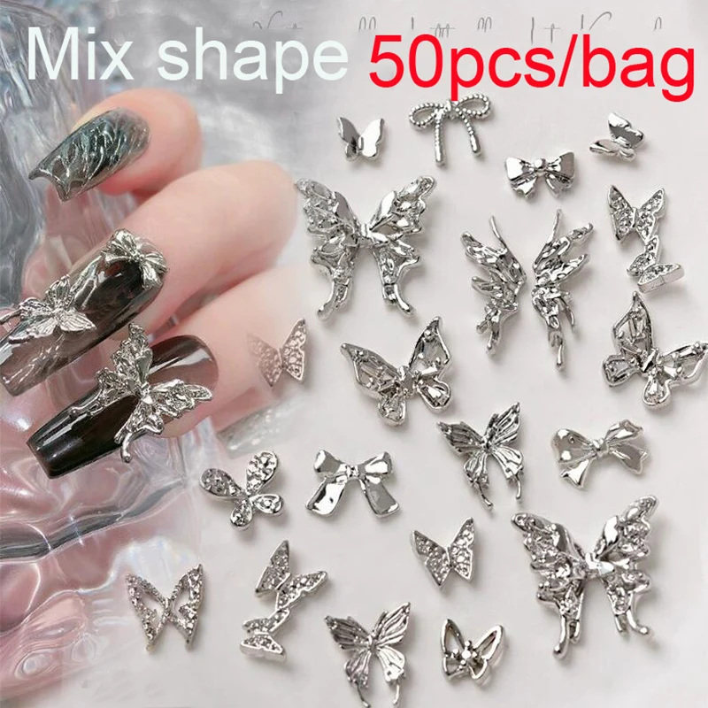 50pcs Mixed Alloy Butterfly Nail Art Charms Silver Butterflies Bows Design 3D Kawaii Rhinestones Ribbon DIY Manicure Decoration