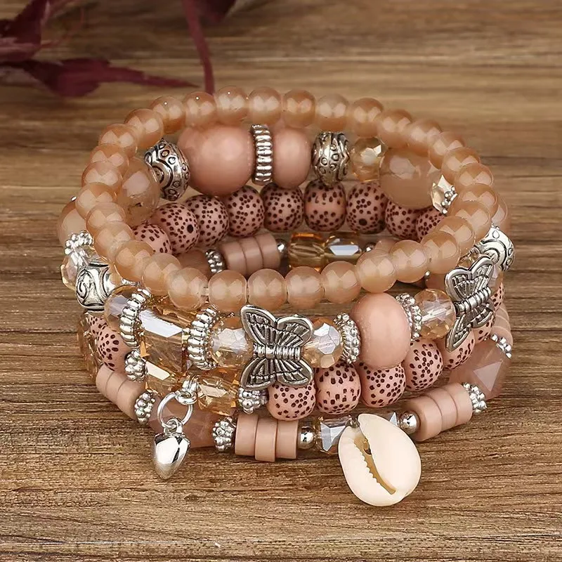 Creative Vintage Shell Pendant Multi-Layer Bracelet Set for Women – Beach Vacation, Boho Elastic Wristband, 4-Piece