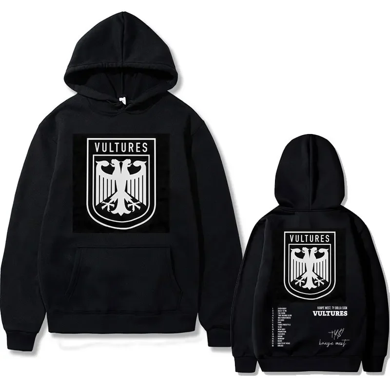 Rapper Kanye West Vultures Album Cover Print Hoodie Men Women Hip Hop Fashion Trend Hoodies Men's Black High Quality Sweatshirt