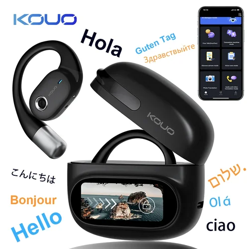 KOUO Auriculares Bluetooth abiertos 164 idiomas Auriculares con traductor en tiempo real Auriculares inalámbricos para viajes Aprendizaje Deportes Juegos