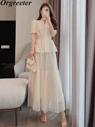 Summer Temperament Two Piece Set for Women Elegant Office lady Short Sleeve Lace-up Jacket Coat+Long Mesh Skirt Sets