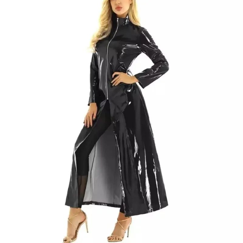 Gabardina larga de látex Wetlook para mujer, disfraz de Halloween de cuero PVC, chaqueta Sexy de manga larga con cremallera, cortavientos, ropa de calle