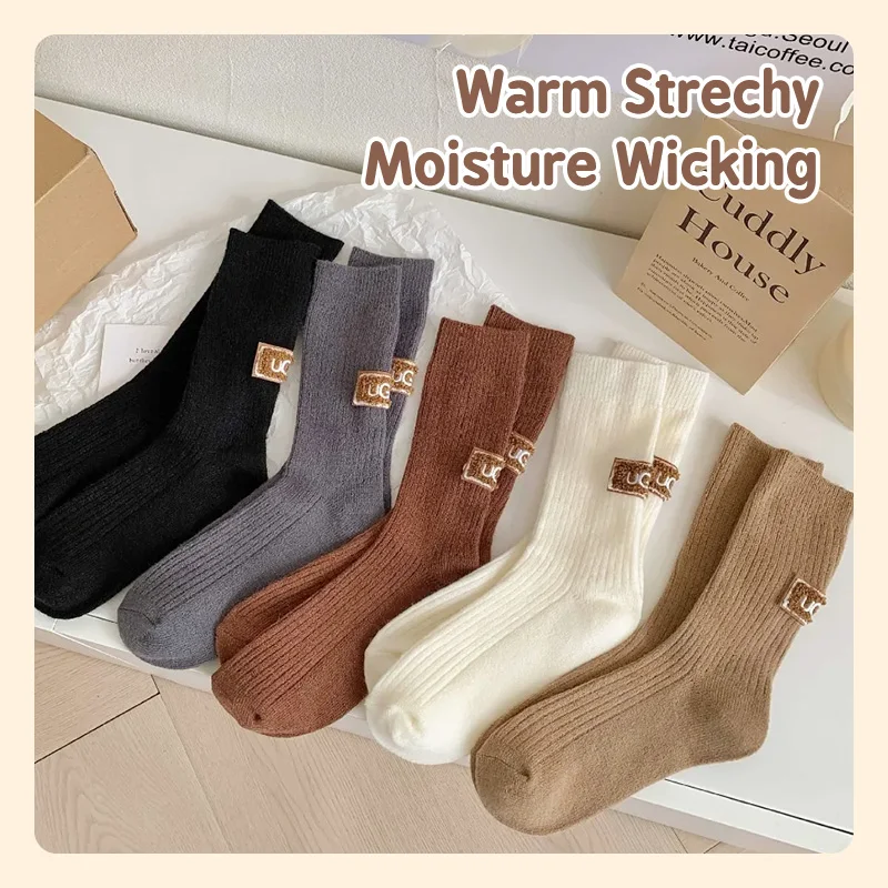 Winter Solid Warm Velvet Thickened Pile Socks Random Colored Embroidered Logo Mid-Calf Length Socks 1 Pair Casual Cotton Socks