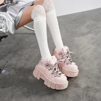 New Punk Women Platform Ankle Boots Female's Rock Round Toe Lace Up Fashion Retro Chunky Shoes Metal Decor Short Boots
