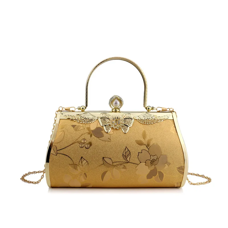 Butterfly Metal Golden Evening Bags Printed Floral Leaf Ladies Handbags For Wedding Purse