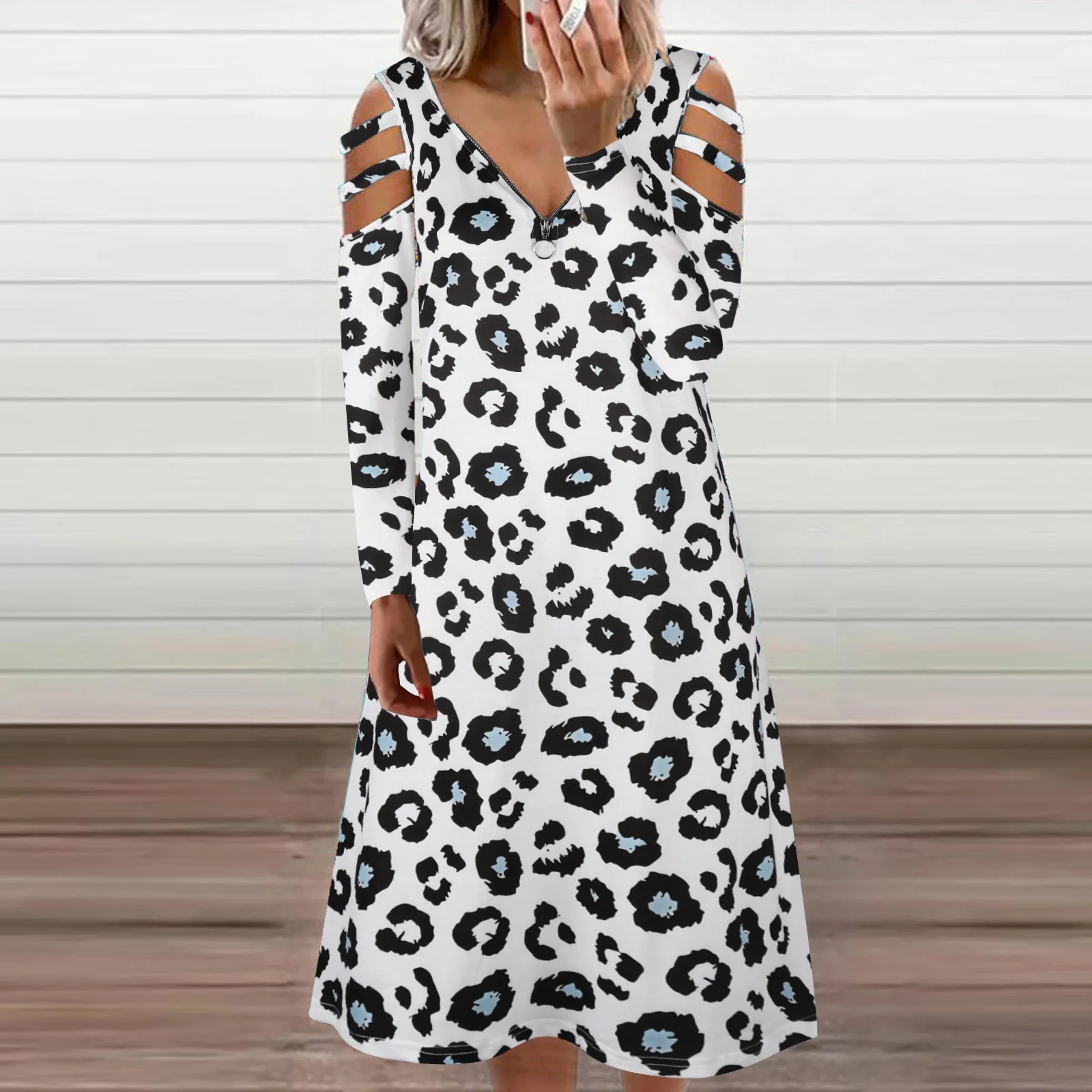 Vestido de manga larga con cuello en V para mujer, ropa holgada con cremallera, estampado Floral, informal, elegante, hasta la rodilla, otoño e invierno, 2022