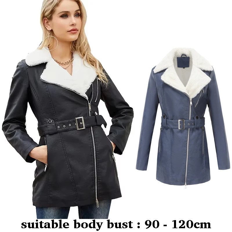 

High quality leather trench coat for women big size plush lining with belt new winter 2025 elegant clothes - black brown blue