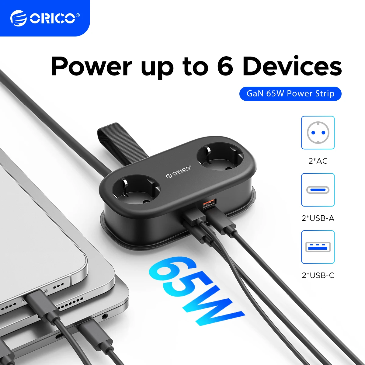 

ORICO EU Plug GaN 65W Electrical Power Strip 2 AC Outlets 2 USB Port 1 Type C Socket Extension Cord Fast Charging Travel
