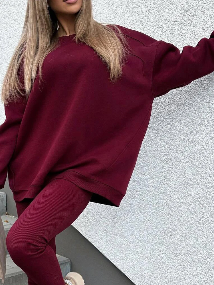 

Модные пуловеры с круглым вырезом и брюки-карандаш с длинными рукавами, комплект осень-зима, новые мягкие теплые комплекты спортивной одежды, повседневные однотонные женские комплекты