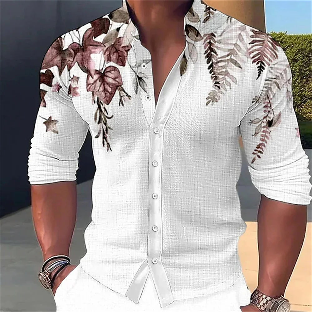 2024 Men's Long sleeved Standing Neck Button Shirt Green Leaf Printed Shirt Casual Soft and Comfortable Men's Top Plus Size