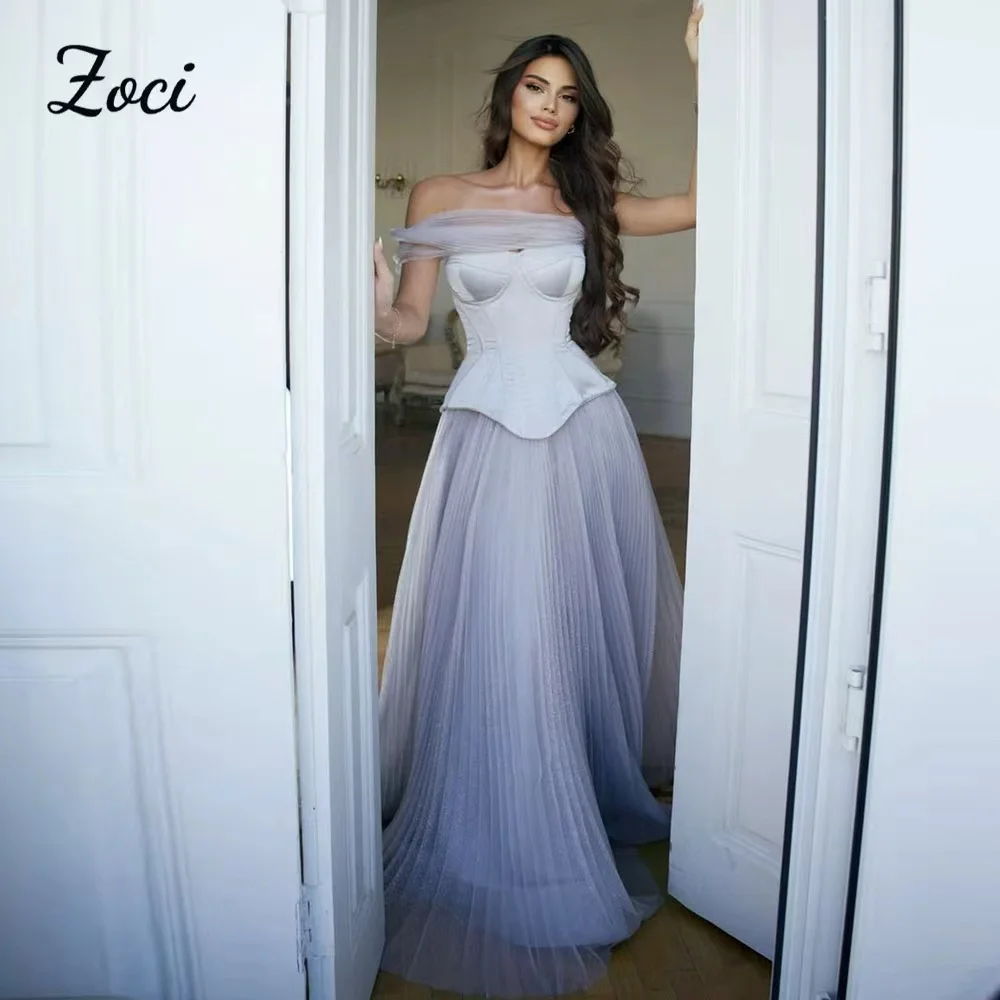 

Zoci ﻿A Line Satin Tulle Evening Prom Dresses Customized Corset Back Off Shoulder Formal Occasion Shiny Women's Prom Gowns