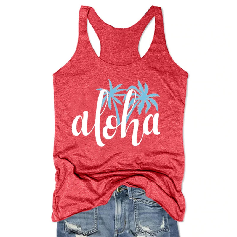 

Aloha White Top Summer Fashion Clothing Funny Hawaii Tank Top Women Casual White Top Beach Vacation Clothes