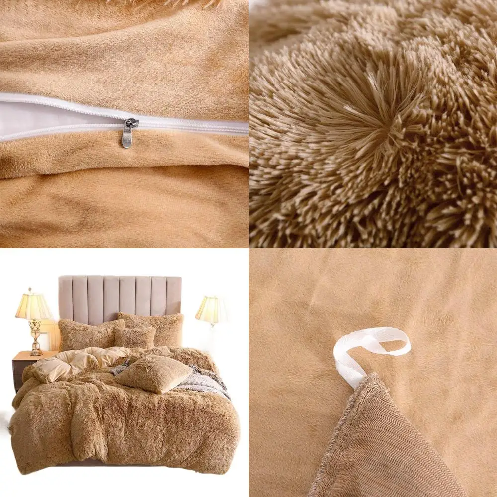 Lujoso juego de cama de terciopelo de piel sintética tamaño King Camel con fundas de almohada y edredón de plumas