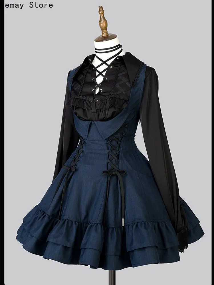 Autumn Winter Japanese Harajuku Gothic Women Long-sleeved Shirt Dress French Elegant Court Vintage Korean Fashion Y2k Outfit Set