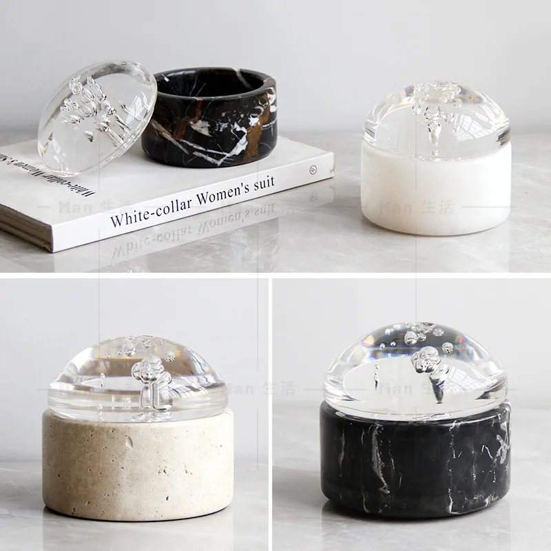Natural Marble Storage Jar Transparent Bubble Lid Jewelry Box Desktop Storage Container Stone Vessel Cave Tank Ring Box