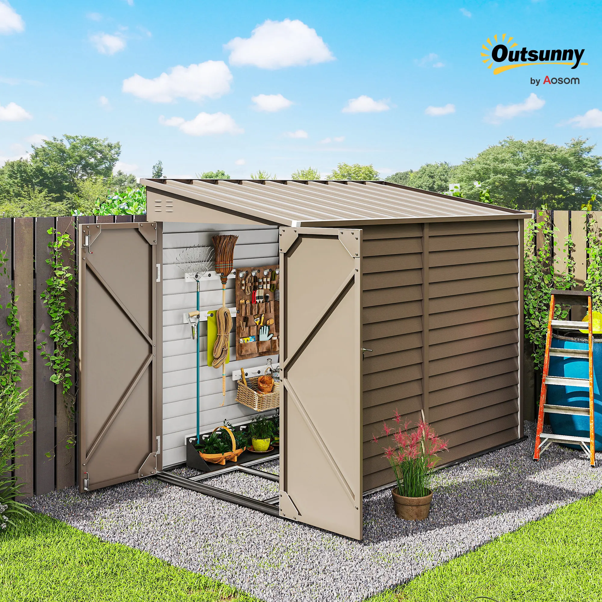 4.6' x 9' Metal Outdoor Storage Shed with Lockable Doors, Brown