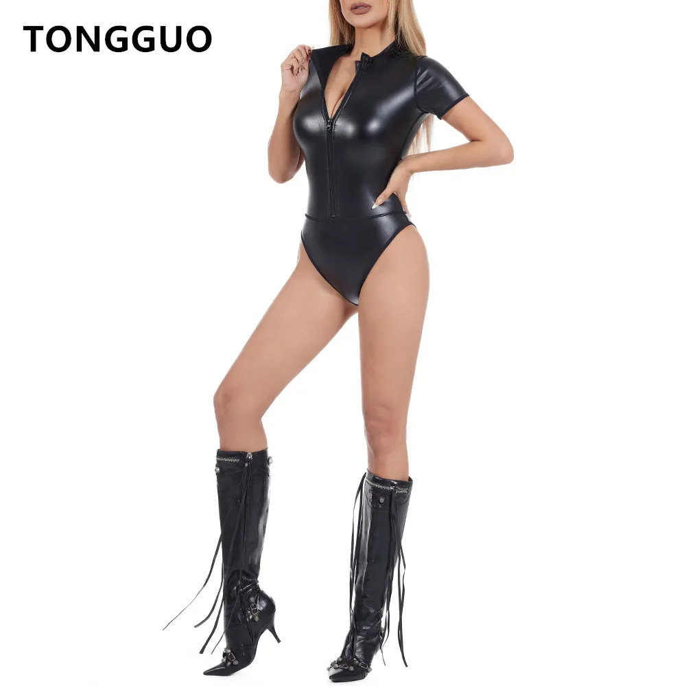 

Body Shaper Women Sexy Lingerie Front Zipper High Neck Short sleeve Faux Leather Bodysuit Stage Performance One Pieces Jumpsuits