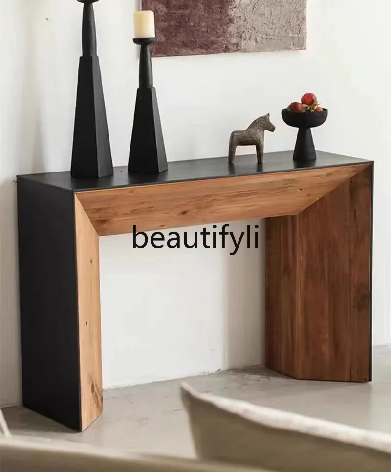 

Wabi-sabi style oak black solid wood entrance cabinet, bedroom foyer entrance desk retro and old1184