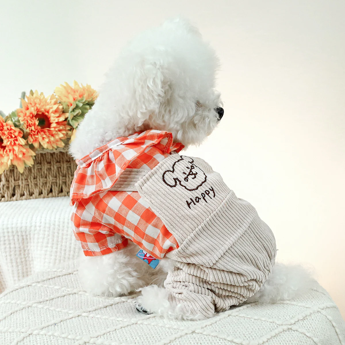 1PC Pet Clothes Cat Spring and Autumn Lotus Leaf Orange White Strap Pants Four legged Suitable for Small and Medium Dogs