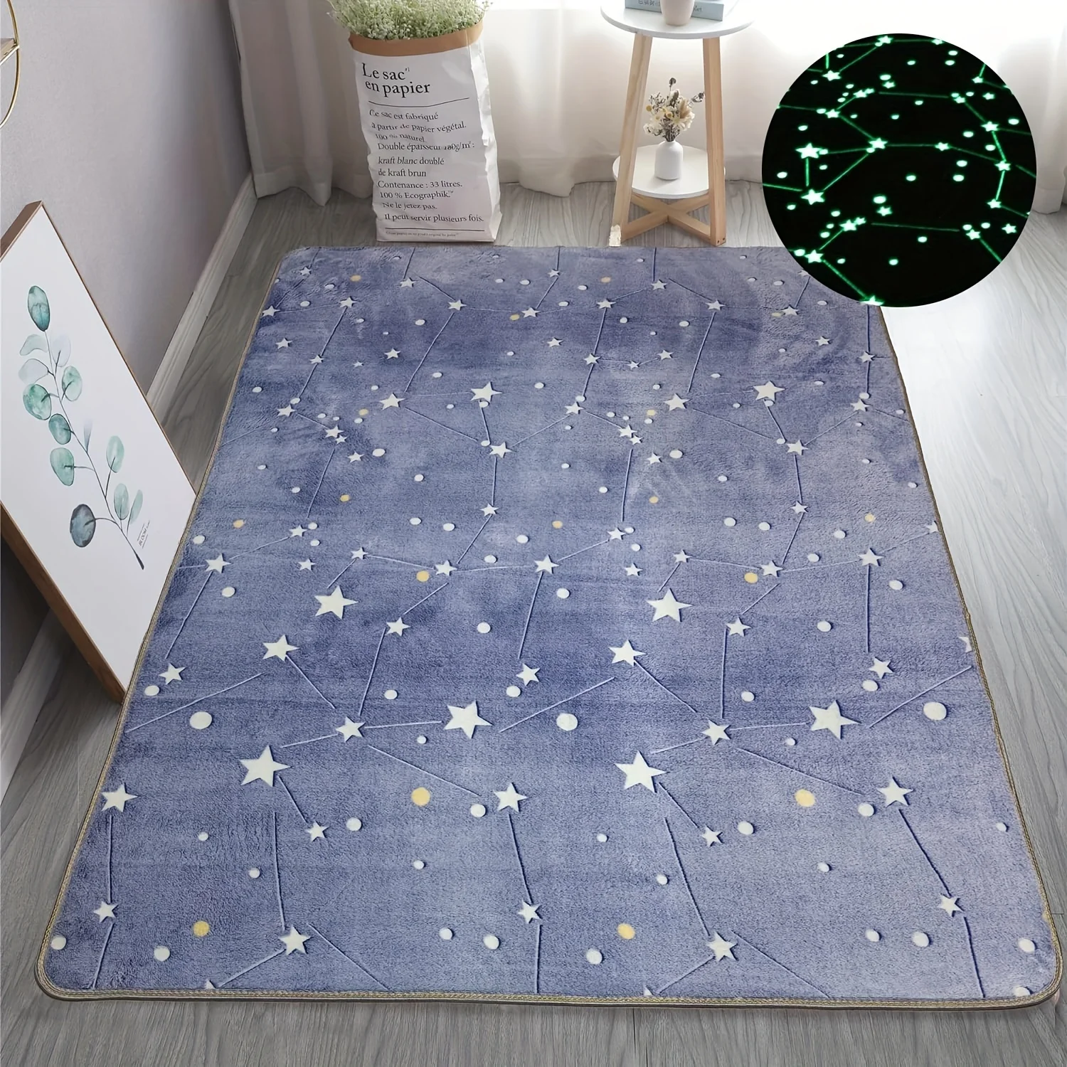 VIKAMA Luminous Star Floor Rug,Anti‑Slip Mat,Blue Constellation Glowing Print Carpet for Children Bedroom Playroom Decor Rug