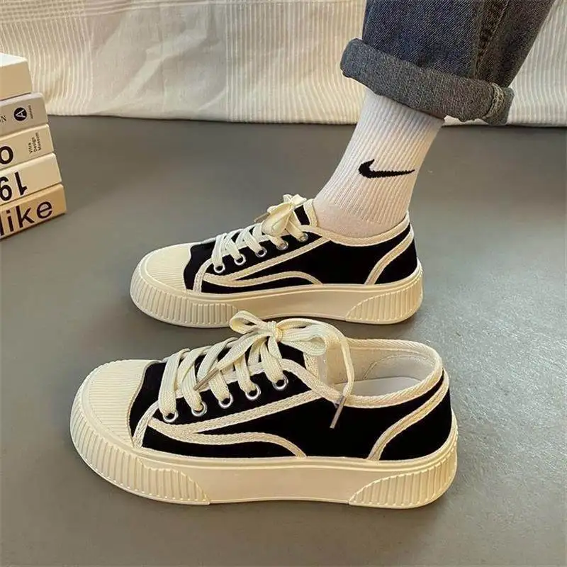 Trendy Thick Bottom Canvas Sneakers for Women Casual Versatile Spring Autumn Seasonal Outdoor Flat Heel round Toe Fashionable...