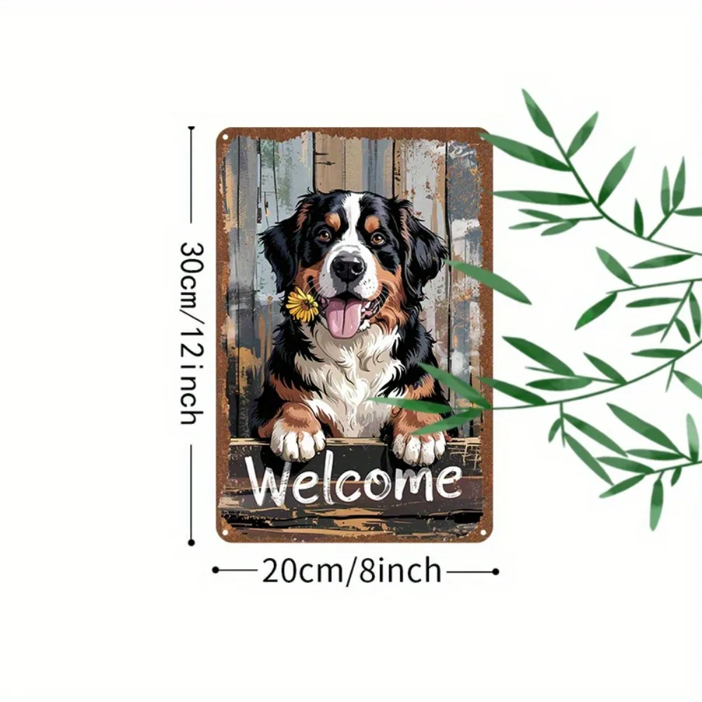 1. Bernese Mountain Dog Welcome Wall Hanging 1pc 20x30cm 2D Flat Metal Tin Sign Retro Rustic Pet Art For Porch Garden Home Wall