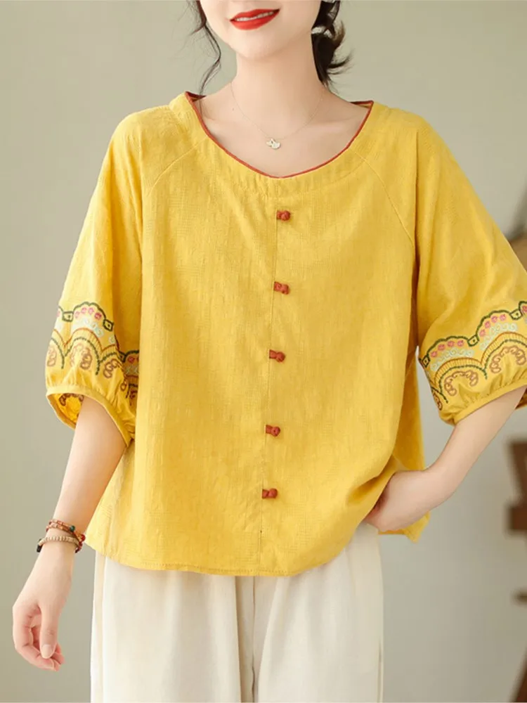 Oversized Summer Pullover T-Shirt Tops Women Embroidery Modis Chinese Style Ladies Blouses Lantern Short Sleeve Loose Woman Tops