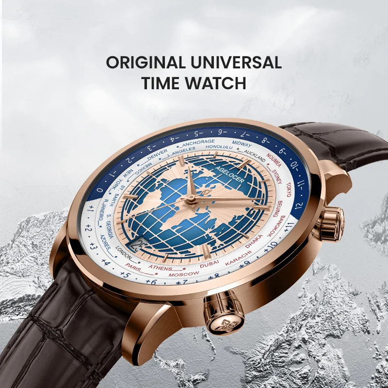 AGELOCER Original World Time Watch Gold Watch Men's Luxury Business Formal Automatic Mechanical Watch Birthday Gift for Men