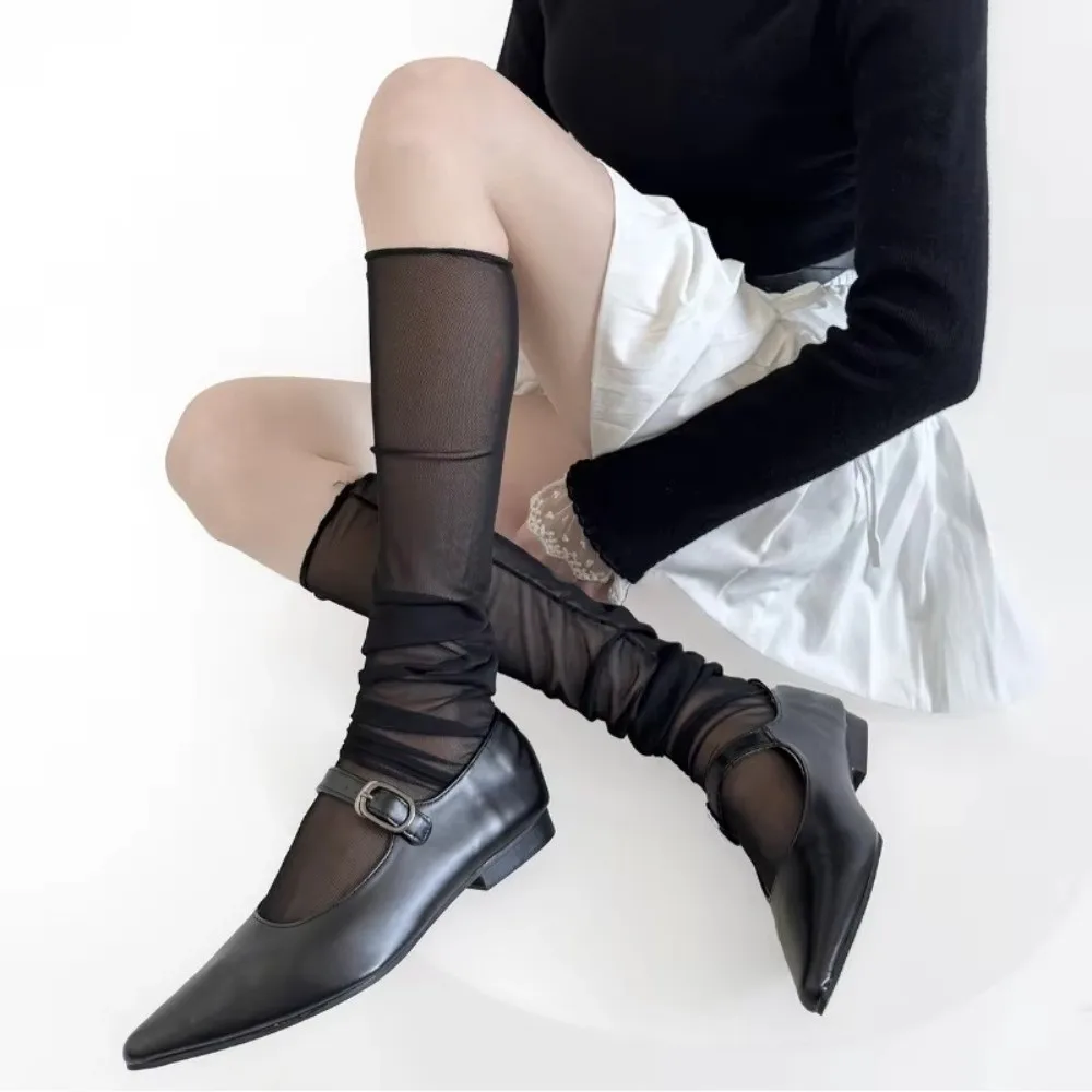 1pair Sweet Thin Knee Socks Solid Color Breathable Mesh Stockings Loose Long Socks Summer