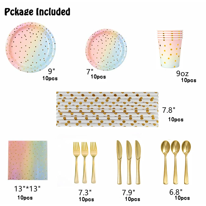 Gradient Dot Disposable Tableware Rainbow Pastel Disposable Plates Cups Forks Spoons Baby Shower Wedding Birthday Party Supplies