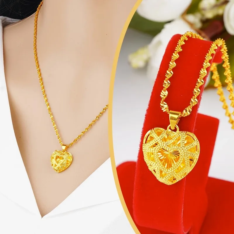 Hollow heart-shaped pendant clavicle chain for women 24K gold, AU999 pendant carved double butterfly heart
