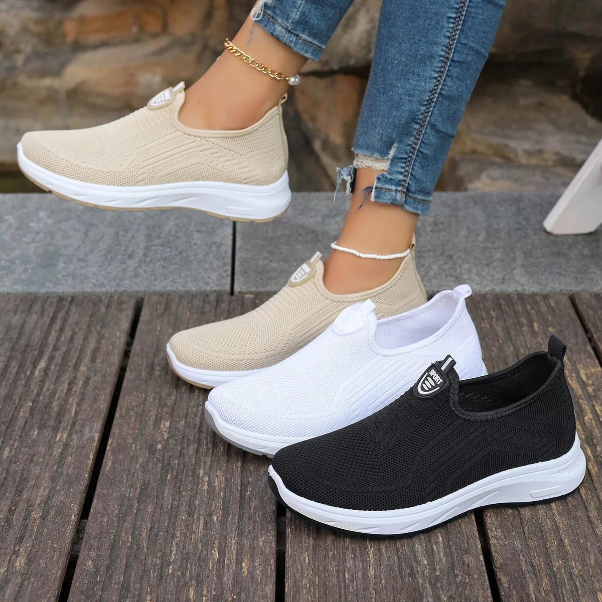 Women's autumn flying woven breathable large size casual shoes soft sole light slip-on single shoes