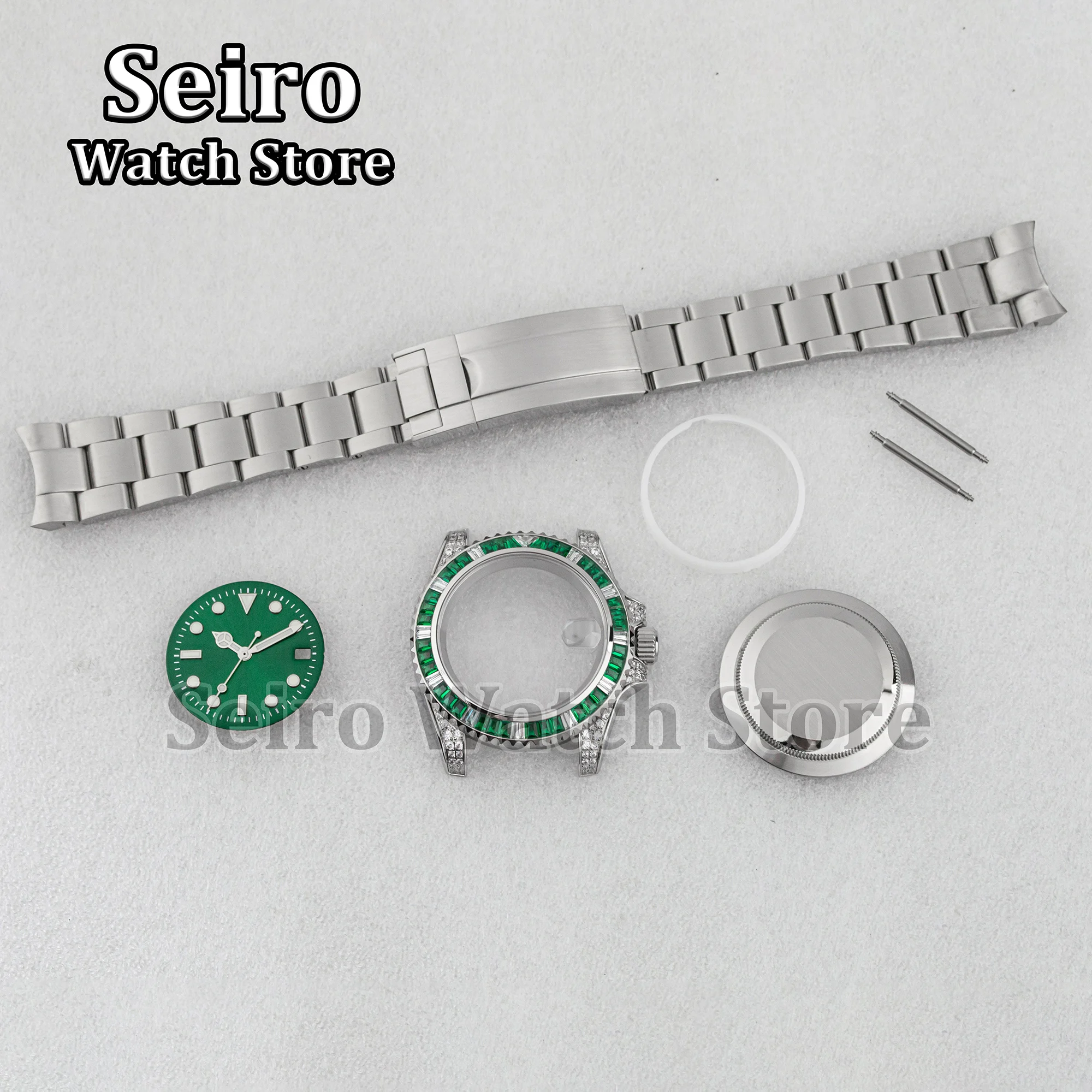 Full Diamond 40MM Watch Case Oyster Strap Sapphire Glass Green Luminous Hands 28.5MM Dial for Submariner NH34 NH35 NH36 Movement