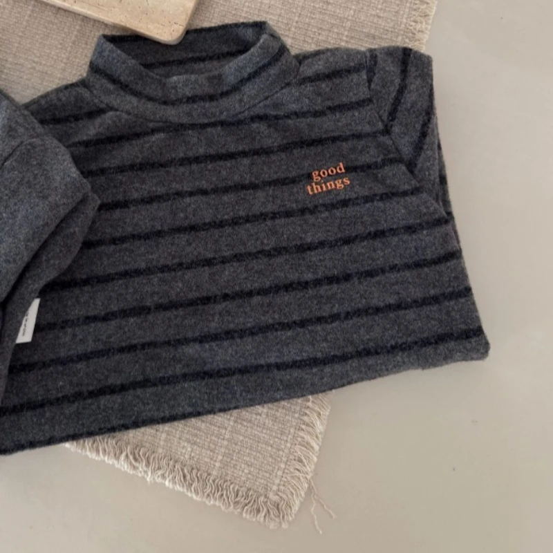 spring Autumn Korean style casual half high neck knitted base shirt with striped cartoon T-shirt for boys girls