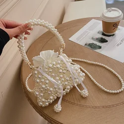 Borsa a tracolla da donna con struttura bianca retrò Ins borse a tracolla con perle di lusso di nuova moda per borsa da donna con perline intrecciate a mano da donna