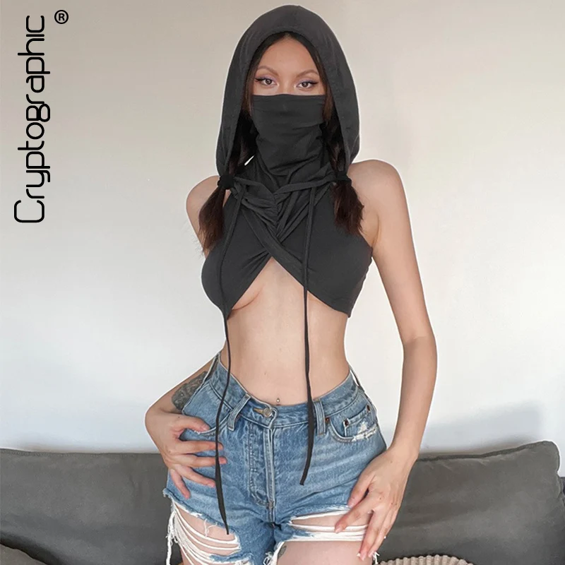 Cryptographic Sexy Female Clothing Hooded Balaclava Cross Wrap Sleeveless Crop Top Hot Chic Basic Camis Futuristic Techwear