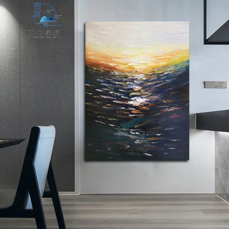 100% Hand-painted Living Room Wall Decoration Water Wave Pattern Sunset Pool Water Oil Painting Canvas