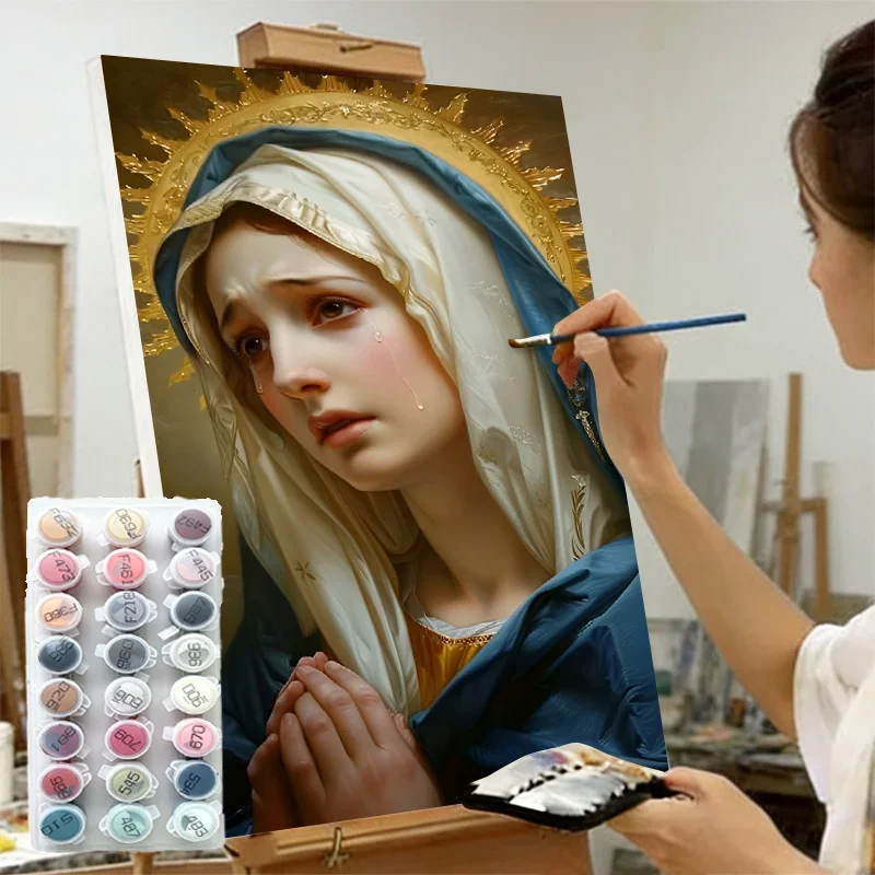A DIY Paint-by-numbers Kit for Adult Beginners, Featuring the Seven Sorrows of the Virgin Mary in a Tearful Prayerful Pose with