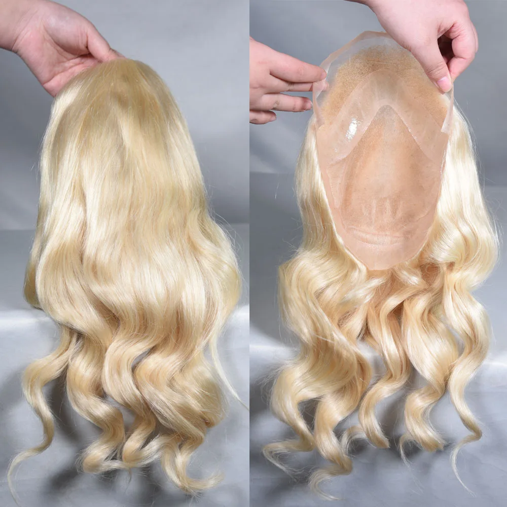 

12inch Long Human Hair Toupee for Men,#613 Blonde Color Loose Wave 10"x8" Men's Hairpieces Front+Mono net with PU around Base
