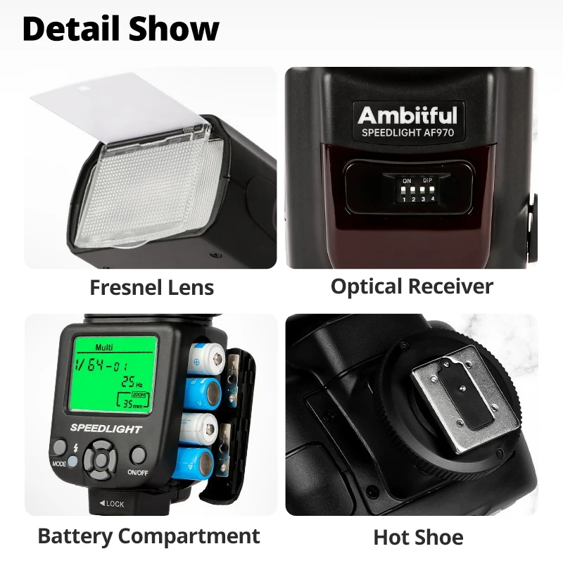 Ambitful af970 ، ضوء فلاش ، speedlite ، عالمي ، لفوجي ، أولمبوس ، نيكون ، كانون ، 650d ، 550d ، 450d ، 60d ، 7d ، 5d