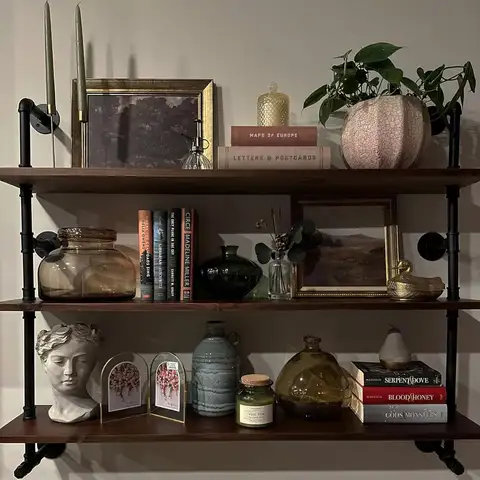 Industrial Pipe Wall Shelves 48 Inches Floating Shelves with Real Wood Plank Dark Brown 3 Tier Bookcase