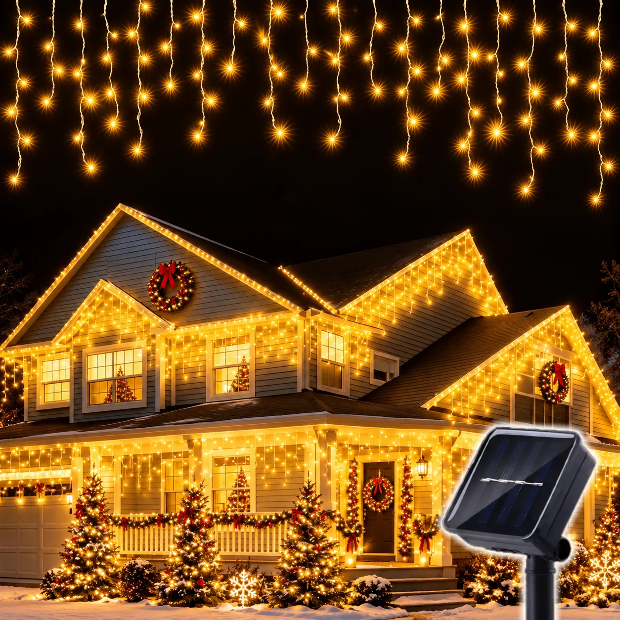 96/162 LED Solar Icicle String Lights Outdoor Eaves Curtain Fairy Light Garden Balcony Stairs Decor Lights for Christmas Holiday